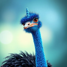 A vibrant blue ostrich characterized by its stunning blue feathers that shimmer under light