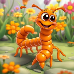 A whimsical cartoon of an orange centipede, characterized by its oversized cartoonish features and a friendly expression