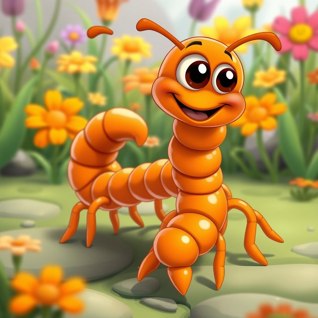 A whimsical cartoon of an orange centipede, characterized by its oversized cartoonish features and a friendly expression