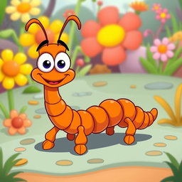 A whimsical cartoon of an orange centipede, characterized by its oversized cartoonish features and a friendly expression
