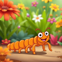 A whimsical cartoon of an orange centipede, characterized by its oversized cartoonish features and a friendly expression