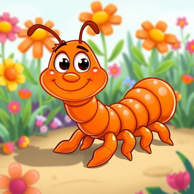 A whimsical cartoon of an orange centipede, characterized by its oversized cartoonish features and a friendly expression