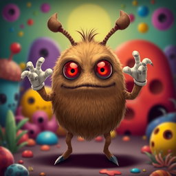 A quirky brown creature with a silly demeanor, featuring a rounded body and a pair of prominent brown antennae on top of its head