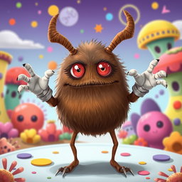 A quirky brown creature with a silly demeanor, featuring a rounded body and a pair of prominent brown antennae on top of its head