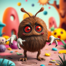 A quirky brown creature with a silly demeanor, featuring a rounded body and a pair of prominent brown antennae on top of its head