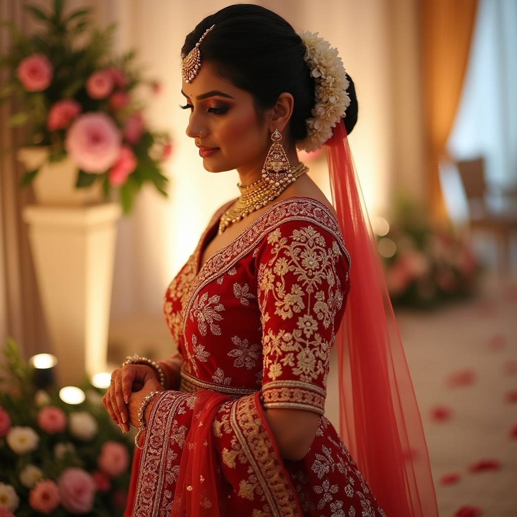 A beautiful bride (dulhan) draped in a traditional Indian bridal lehenga, featuring intricate gold embroidery and vibrant colors