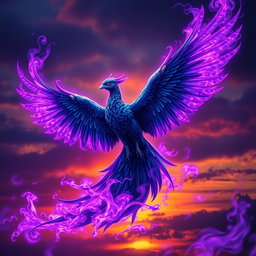 A majestic indigo phoenix soaring through the sky, its feathers a rich indigo color that glistens in the light