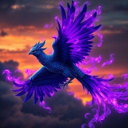 A majestic indigo phoenix soaring through the sky, its feathers a rich indigo color that glistens in the light