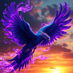 A majestic indigo phoenix soaring through the sky, its feathers a rich indigo color that glistens in the light