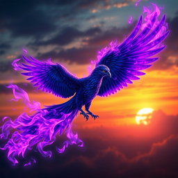 A majestic indigo phoenix soaring through the sky, its feathers a rich indigo color that glistens in the light