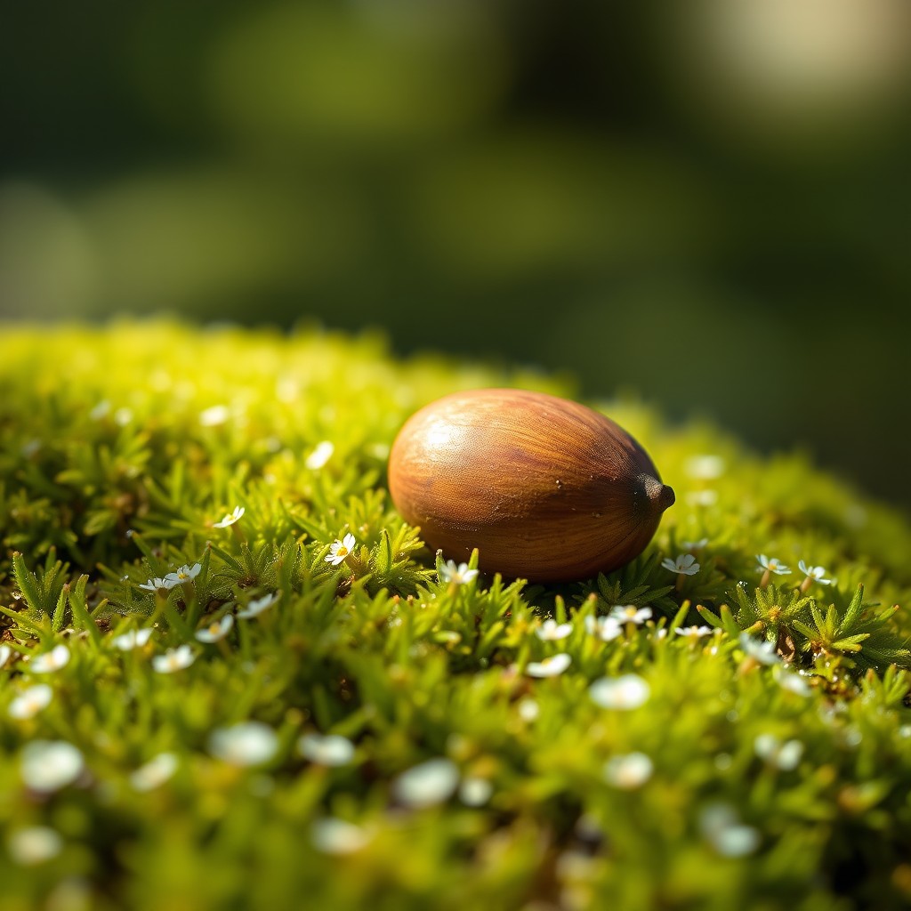 A highly detailed close-up of a Sequoia seed resting on a bed of soft, green moss
