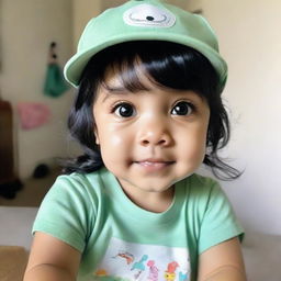 A low-resolution selfie of a toddler girl with black hair and olive skin, cutely peering into the camera. She is wearing a little cap and a mint-colored t-shirt.