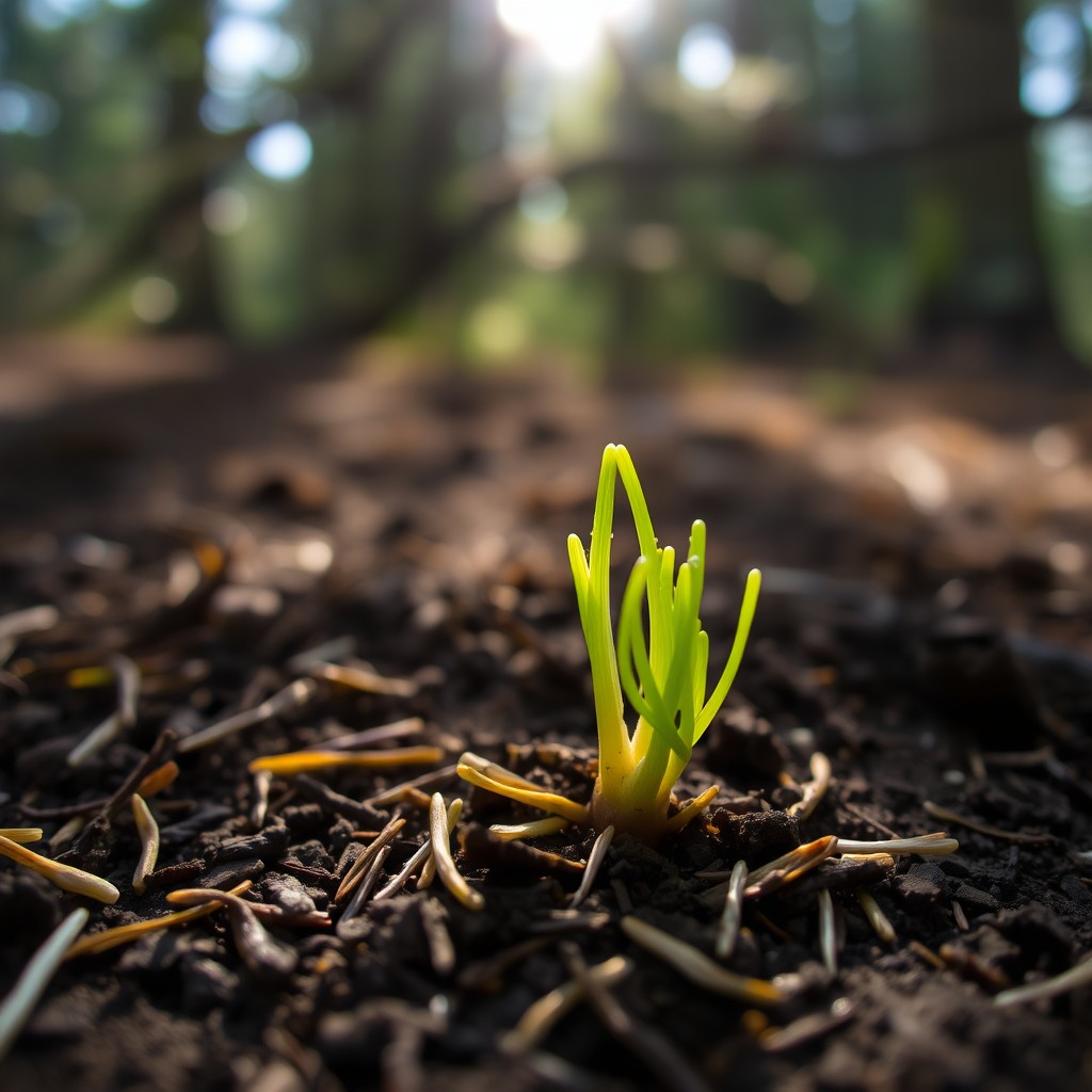 A close-up view of a sprouting Sequoia seed, showcasing its vibrant green shoots emerging from the soil