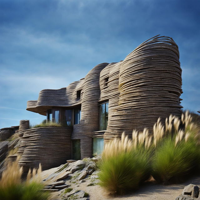 This high-definition photograph, taken with a 32mm lens, showcases a unique architectural home on a dry flax-covered hill