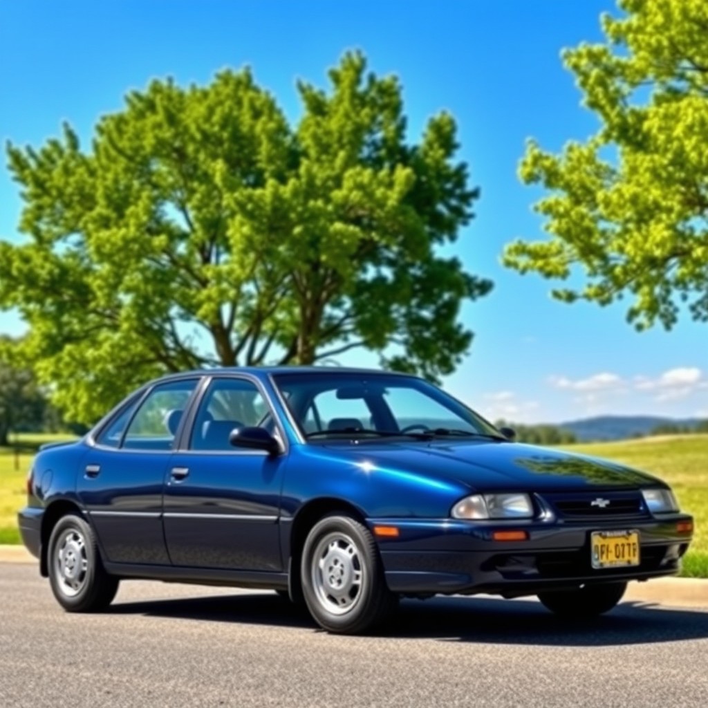 A vintage 1998 Chevrolet Cavalier with four doors, showcasing a beautiful finish in dark candy blue