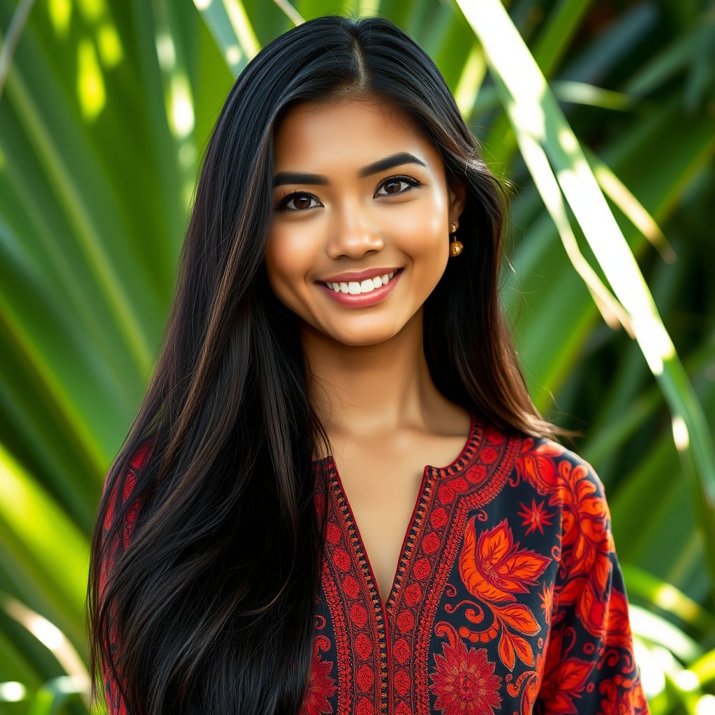 Portrait of a beautiful Indonesian woman with long flowing black hair, wearing a vibrant traditional batik dress adorned with intricate patterns