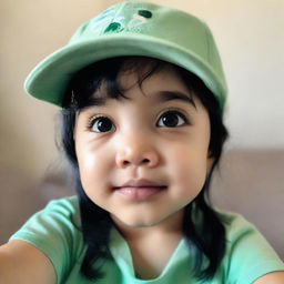 A low-resolution selfie of a toddler girl with black hair and olive skin, cutely peering into the camera. She is wearing a little cap and a mint-colored t-shirt.