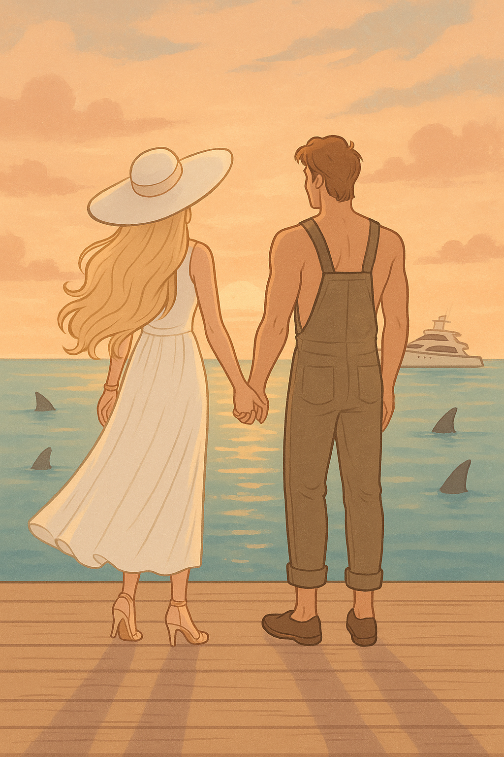 A romantic heartwarming illustrated book cover in pastel romcom style, like “Pilot Suamiku”. Full body view of two characters standing on a pier, seen from behind, holding hands. The woman is and elegant, with very long light blonde hair, golden jewelry, wearing a flowing white dress a wonderful white cap with large edge and high heels. She represents Liv. Next to her is a man , slightly, athletic, with chestnut surfer-style hair, wearing fisherman overalls with no t-shirt. He represents Zane. Behind them, a dreamy pastel sunset sky in peach and beige, turquoise water with golden reflections. In the distance, a luxurious yacht floats, while dark shark fins. The mood is romantic but mysterious, soft pastel tones, romcom illustration style.