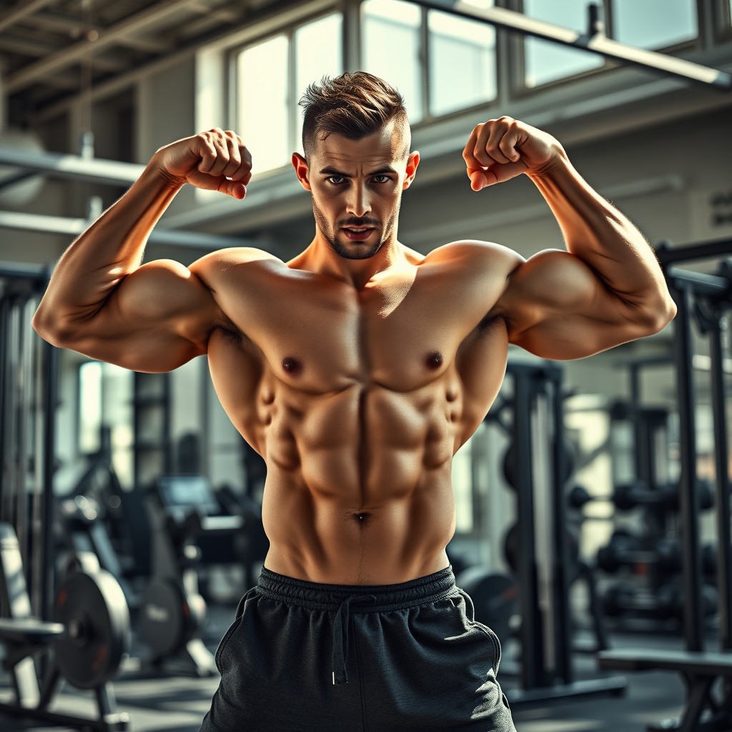 A powerful and inspiring fitness scene showcasing a muscular individual with perfectly defined abs, demonstrating strength and determination