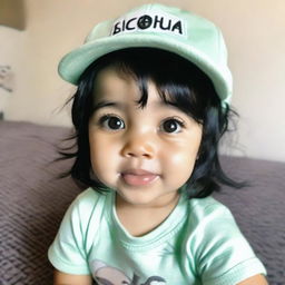 A low-resolution selfie of a toddler girl with black hair and olive skin, cutely peering into the camera. She is wearing a little cap and a mint-colored t-shirt.