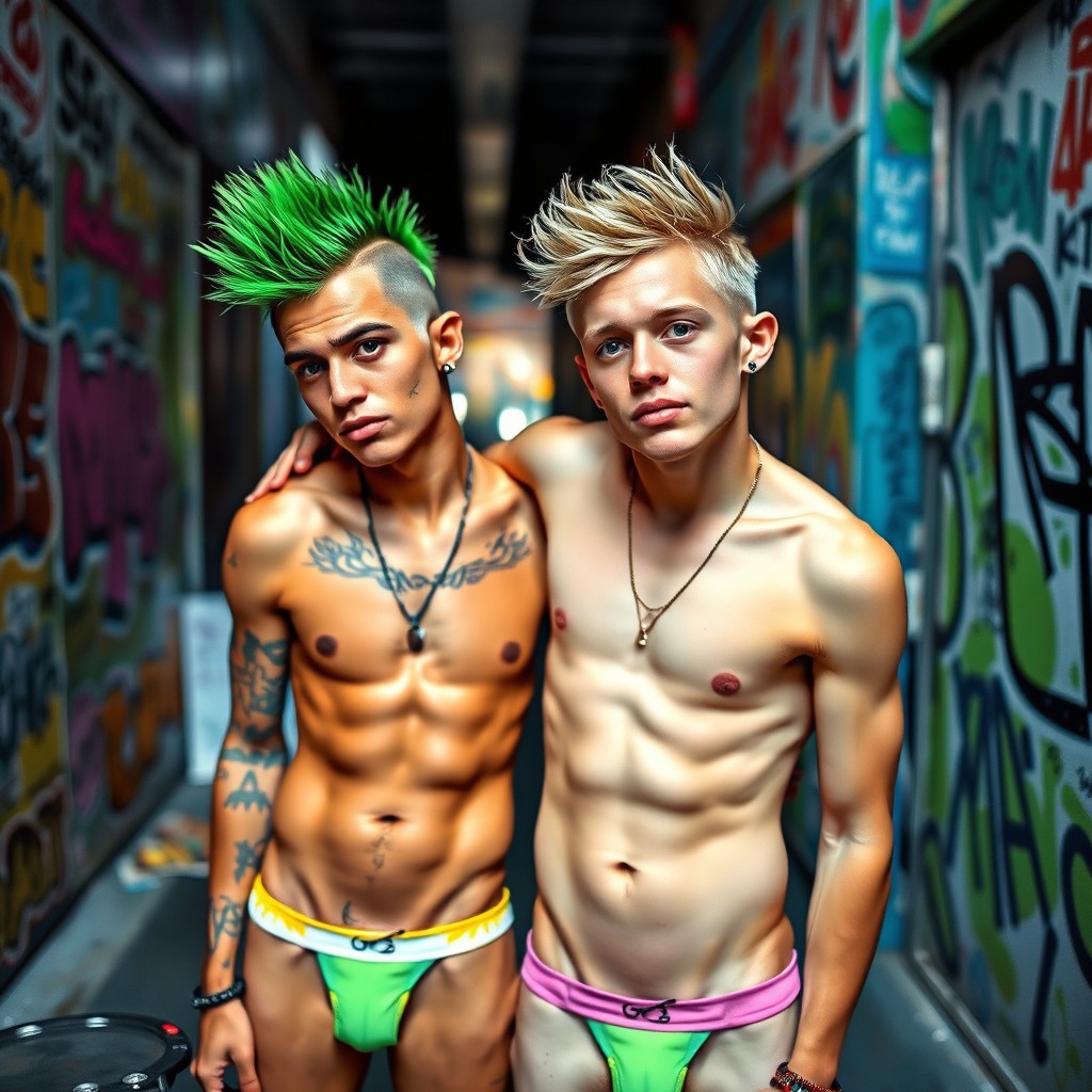 Two young men with an edgy style, wearing brightly colored manthongs, showcasing their confident attitude