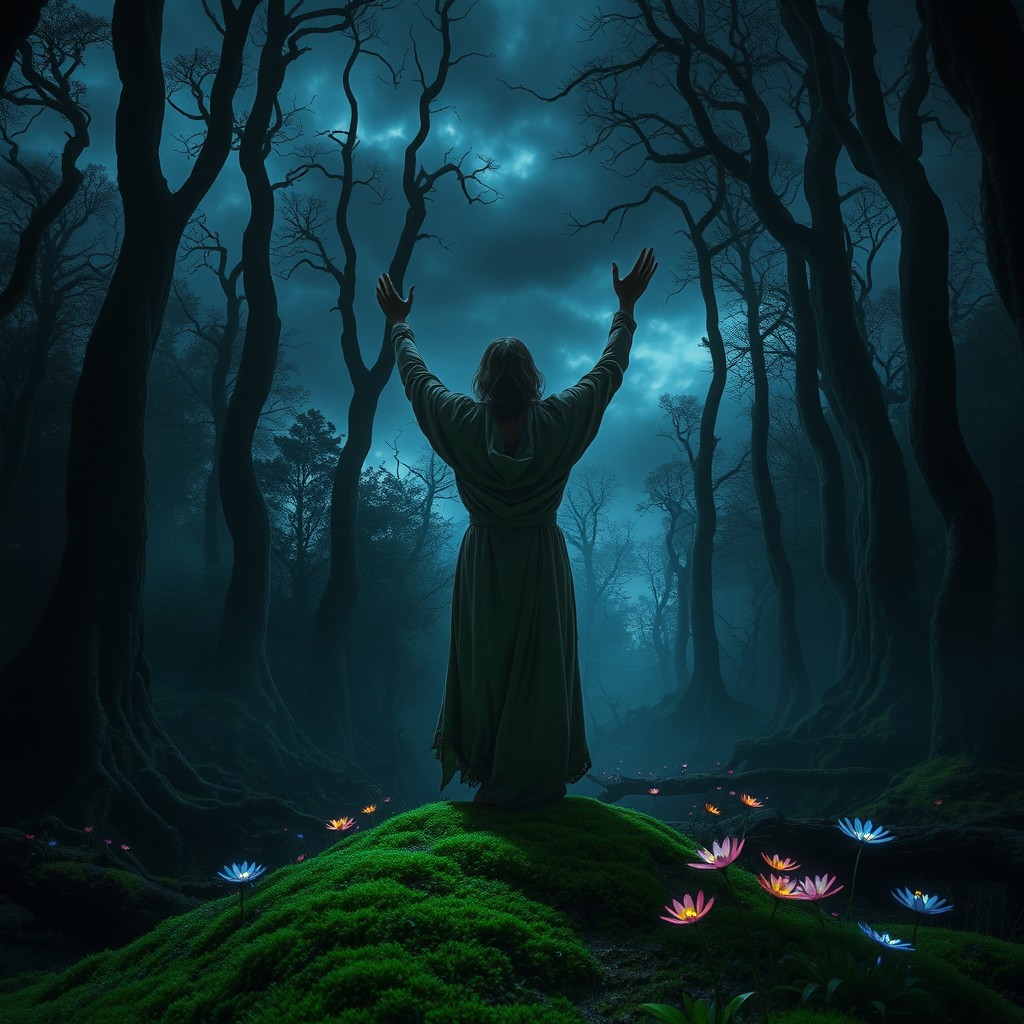 A dramatic scene set in an ancient, mysterious forest at twilight, with tall, twisted trees and glowing ethereal lights emanating from the foliage
