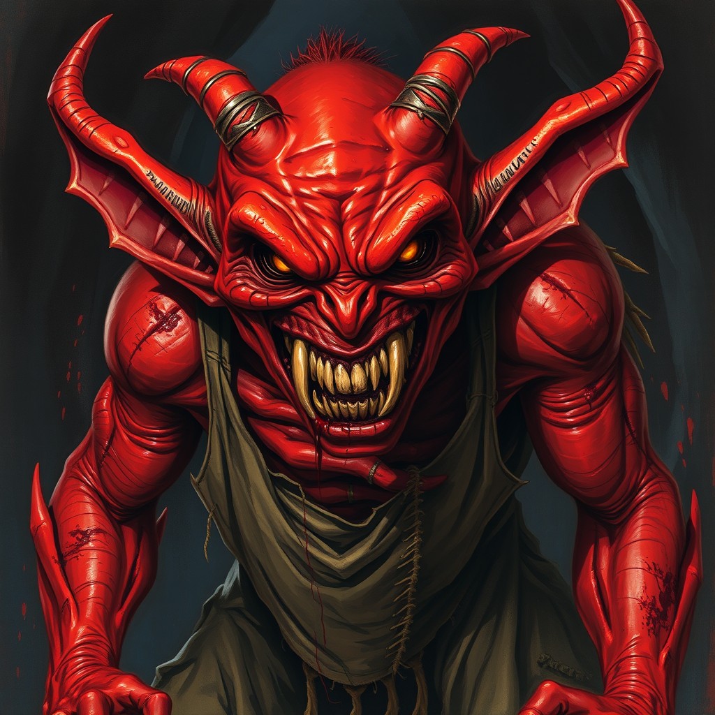 A fierce and menacing red goblin depicted with a bloodthirsty expression, showing its sharp, jagged teeth and glowing eyes filled with rage