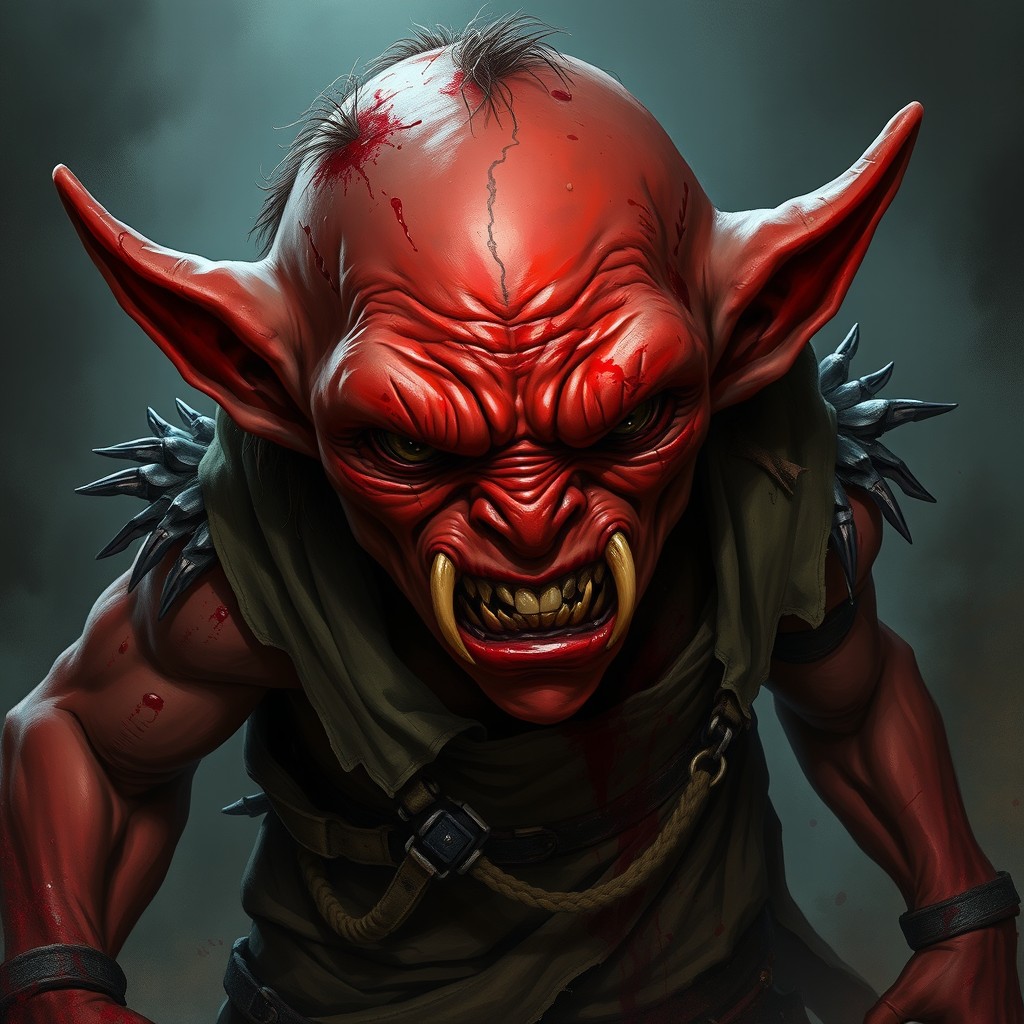 A fierce goblin with a deep red hue, showcasing its bloodthirsty nature