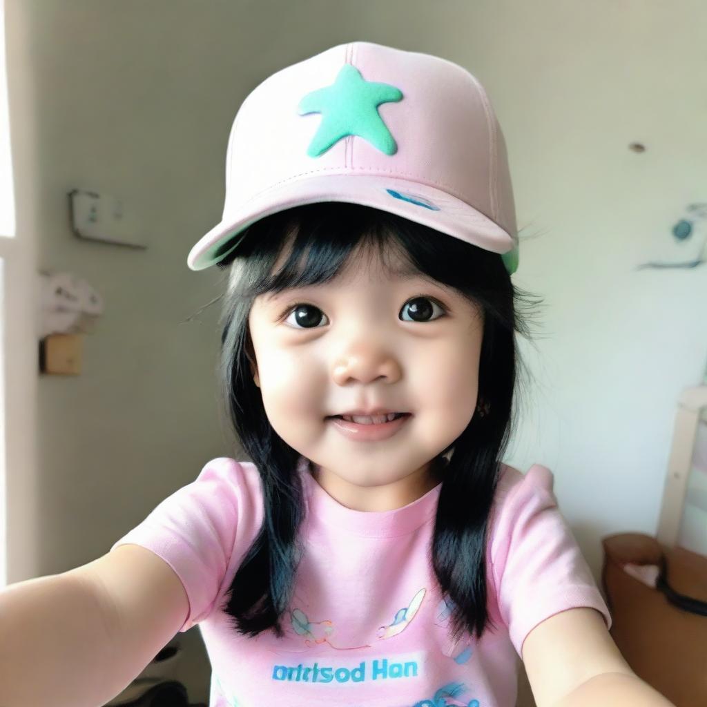 A low-resolution phone selfie of a winsome toddler girl with shiny black hair, fair skin glow, wearing a pastel pink cap and a mint-colored t-shirt.