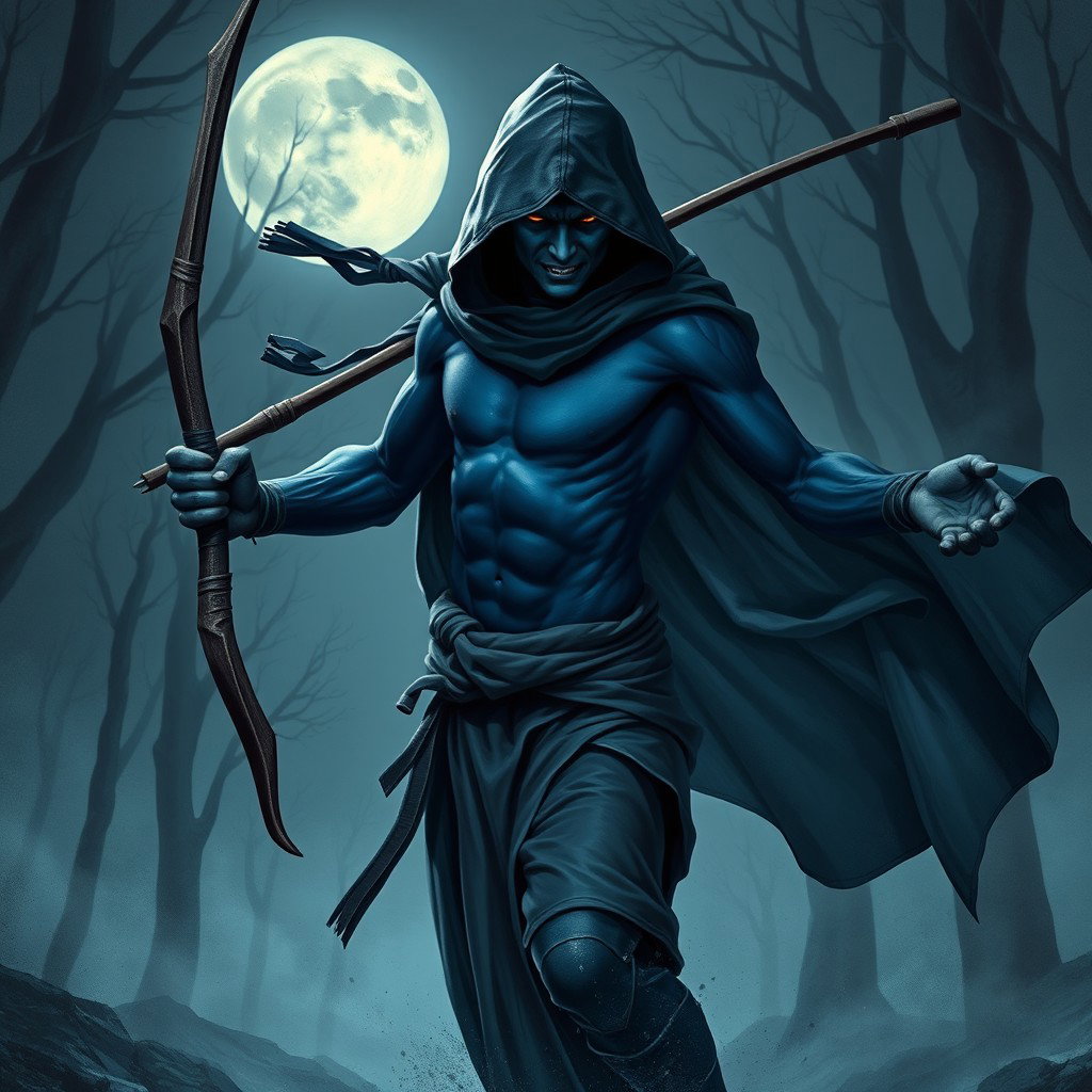A sinister dark blue unclothed ninja man, exuding an aura of wickedness, brandishing a bow staff with intent