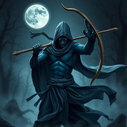 A sinister dark blue unclothed ninja man, exuding an aura of wickedness, brandishing a bow staff with intent