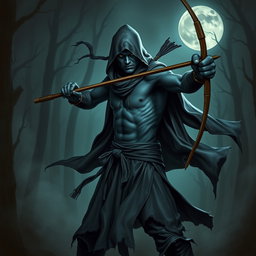 A sinister dark blue unclothed ninja man, exuding an aura of wickedness, brandishing a bow staff with intent