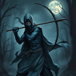 A sinister dark blue unclothed ninja man, exuding an aura of wickedness, brandishing a bow staff with intent