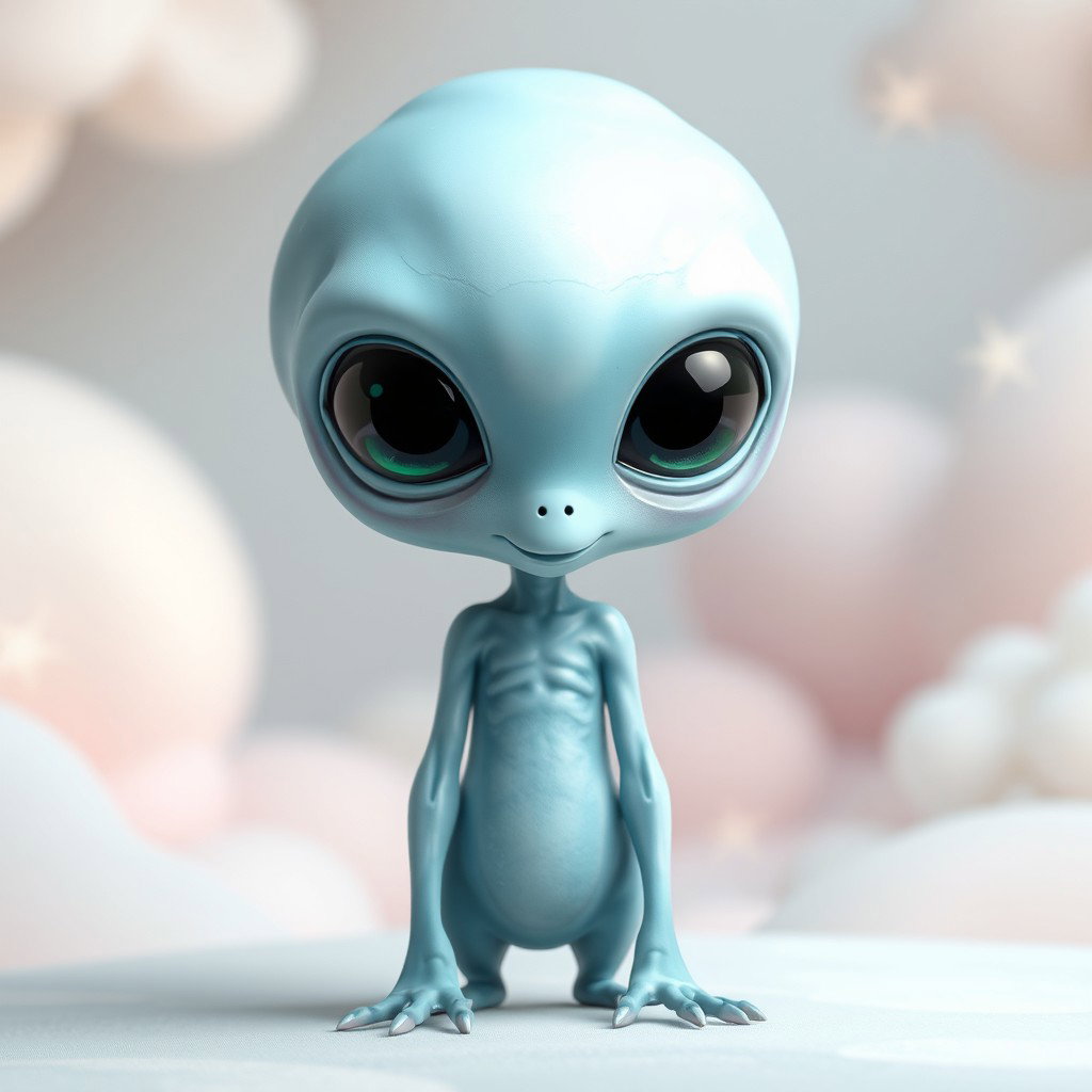 A whimsical pastel blue alien, completely unclothed, showcasing its unique extraterrestrial features