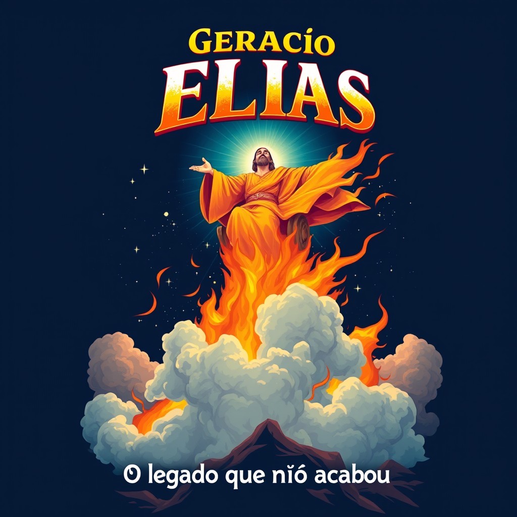 A vibrant and powerful illustration of the prophetic figure Elijah ascending to the heavens in a fiery chariot, surrounded by flames and clouds, with his mantle dramatically falling toward the earth
