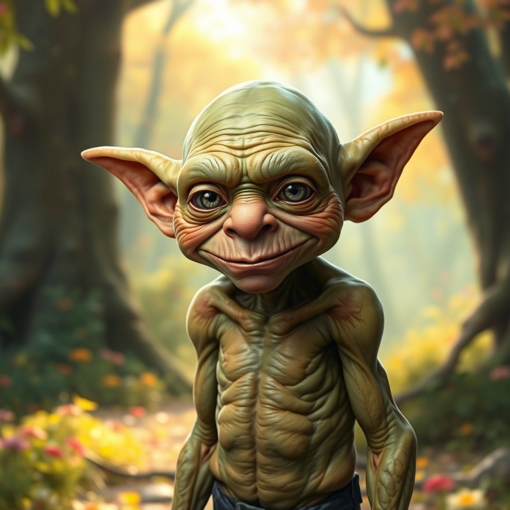 An elderly green goblin with a hairless head, resembling a human body in stature and physique