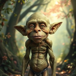 An elderly green goblin with a hairless head, resembling a human body in stature and physique