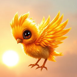 A stunning golden baby phoenix, radiating warmth and brightness with shimmering feathers that catch the light beautifully