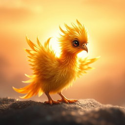 A stunning golden baby phoenix, radiating warmth and brightness with shimmering feathers that catch the light beautifully