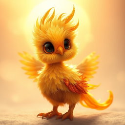 A stunning golden baby phoenix, radiating warmth and brightness with shimmering feathers that catch the light beautifully