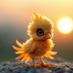 A stunning golden baby phoenix, radiating warmth and brightness with shimmering feathers that catch the light beautifully