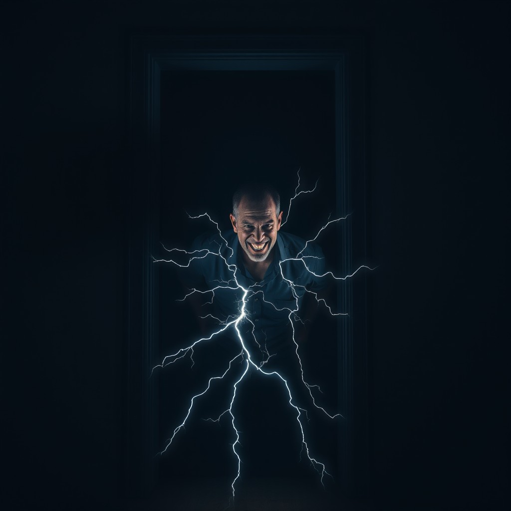 In a very dark room, a door has been forcefully broken down