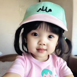 A low-resolution phone selfie of a winsome toddler girl with shiny black hair, fair skin glow, wearing a pastel pink cap and a mint-colored t-shirt.