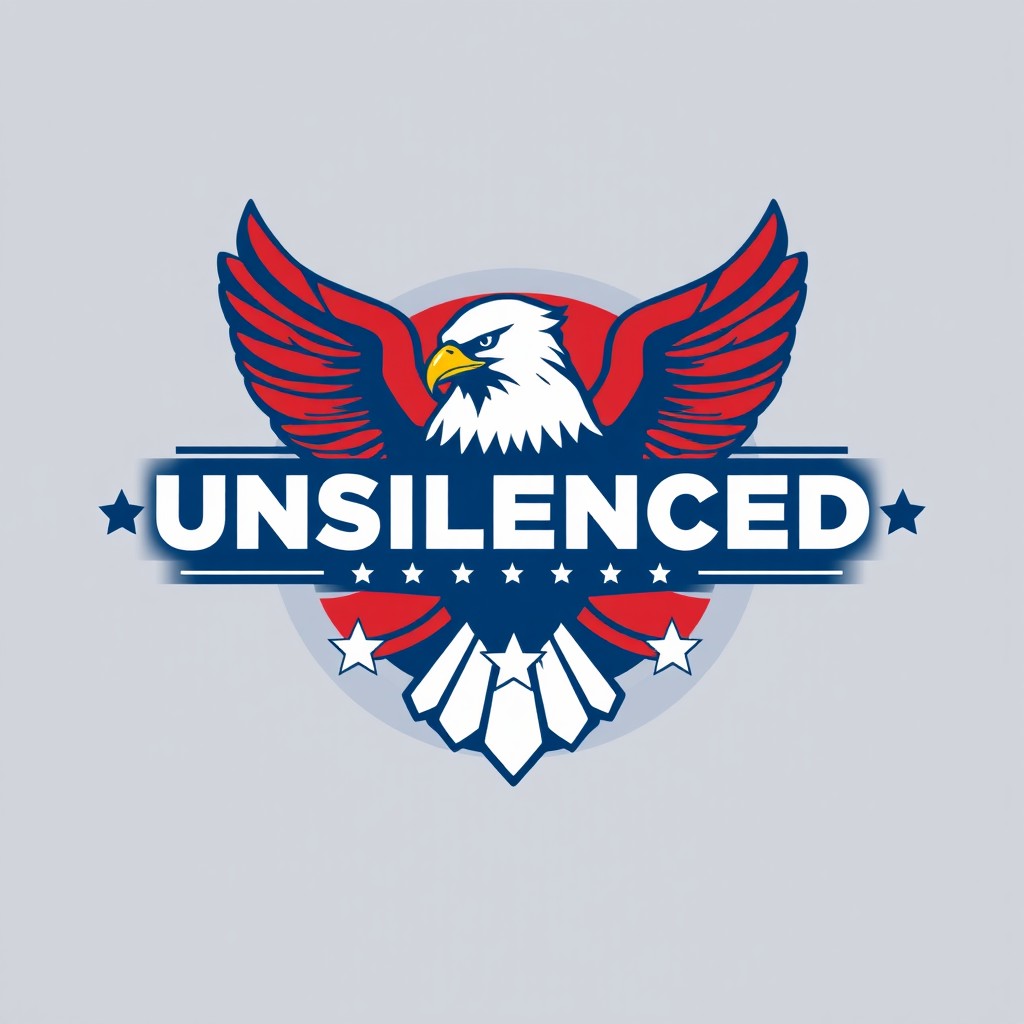 A striking logo for a podcast/website titled 'UNSILENCED', embodying American patriotic themes