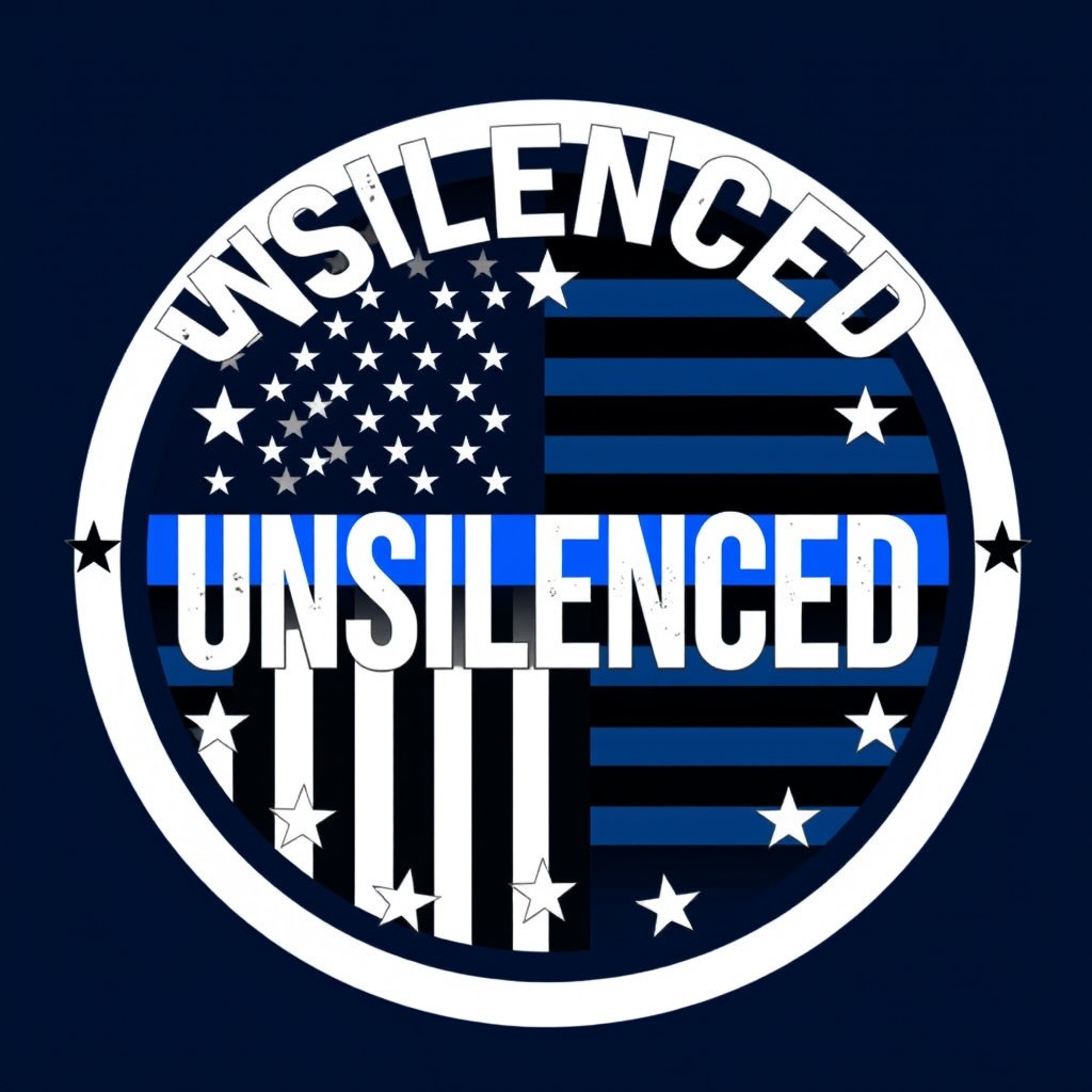 A dynamic logo for a podcast/website titled 'UNSILENCED', with a strong American patriotic theme inspired by the Blue Lives Matter movement