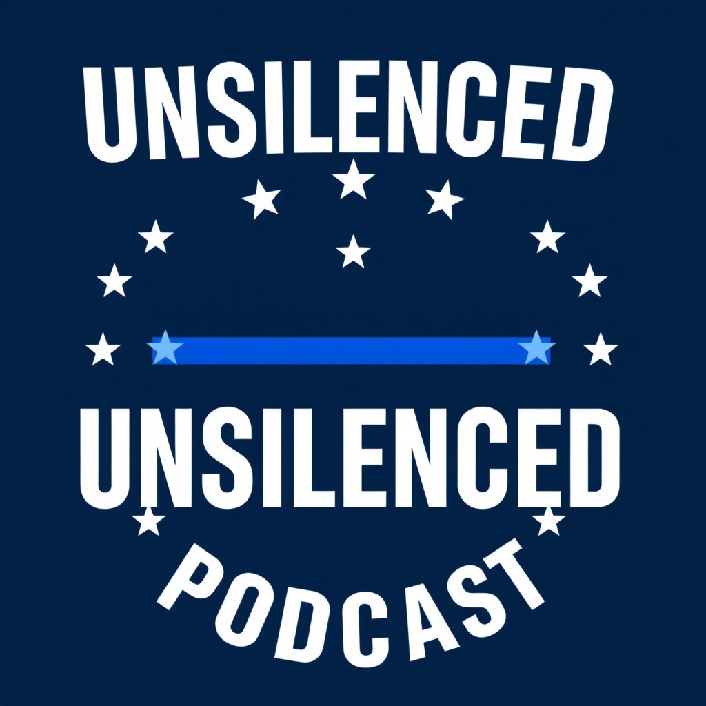 An impactful logo for a podcast/website named 'UNSILENCED', featuring American patriotic themes similar to Blue Lives Matter