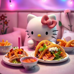 A cozy scene featuring Hello Kitty enjoying a variety of delicious food, particularly tacos, in a visually appealing setup