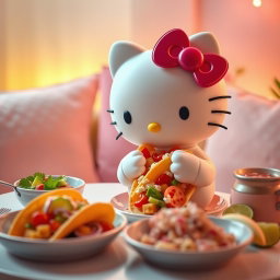 A cozy scene featuring Hello Kitty enjoying a variety of delicious food, particularly tacos, in a visually appealing setup
