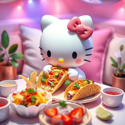 A cozy scene featuring Hello Kitty enjoying a variety of delicious food, particularly tacos, in a visually appealing setup