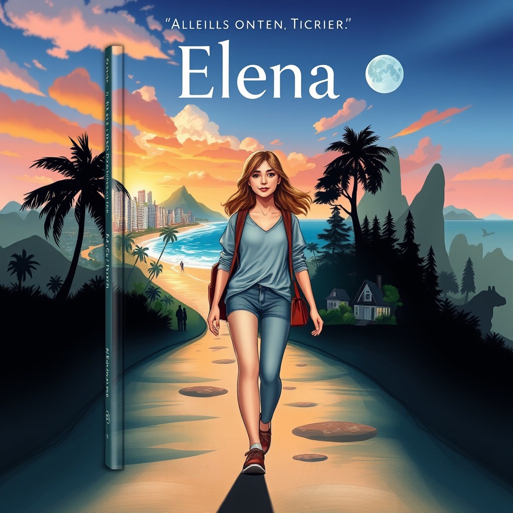 A captivating book cover featuring a young woman named Elena walking confidently towards her home